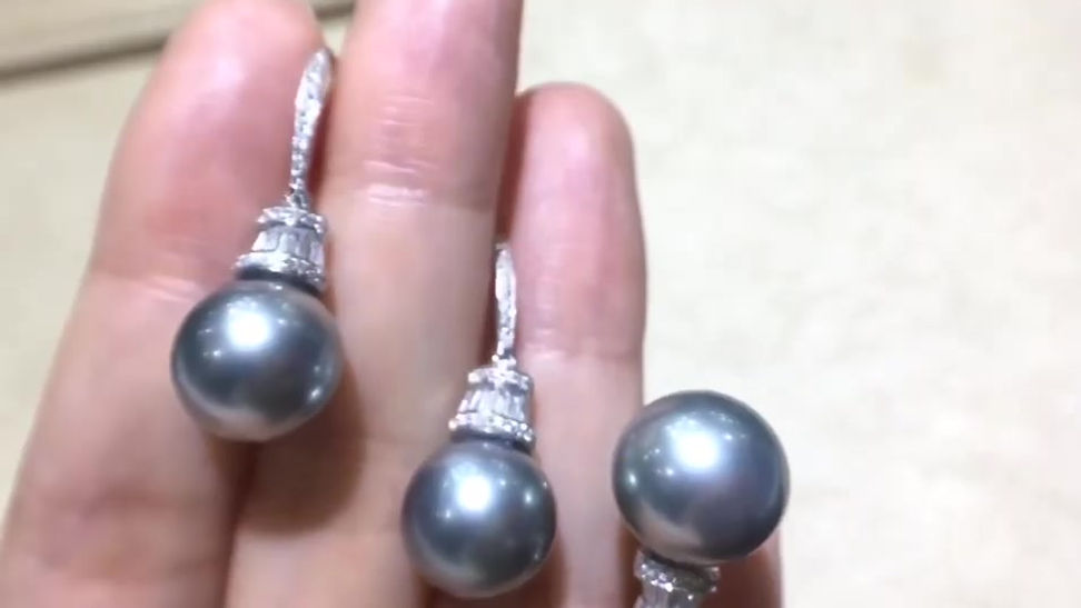 11-12 mm Tahitian Pearl Earrings, 18k White Gold w/ Diamond - AAAA